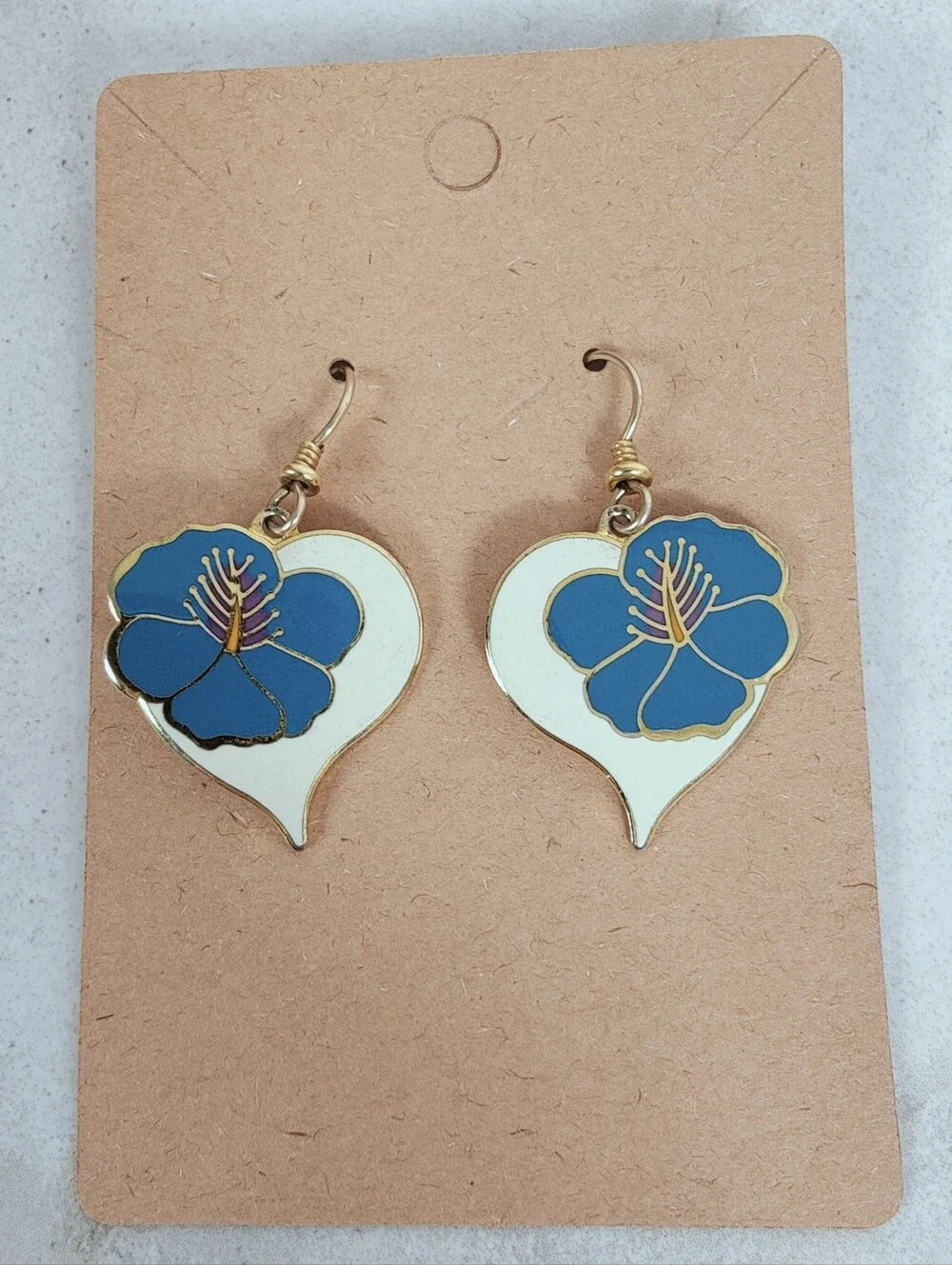 VTG 80s 90s Laurel Burch 'Hibiscus Heart' Enamel Gold Tone Dangle Earrings